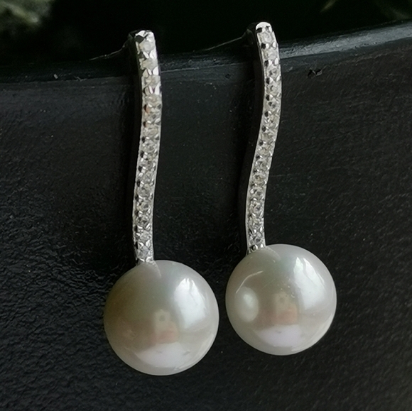 Sterling Silver CZ White Pearl Drop Earrings - Picture 6 of 6